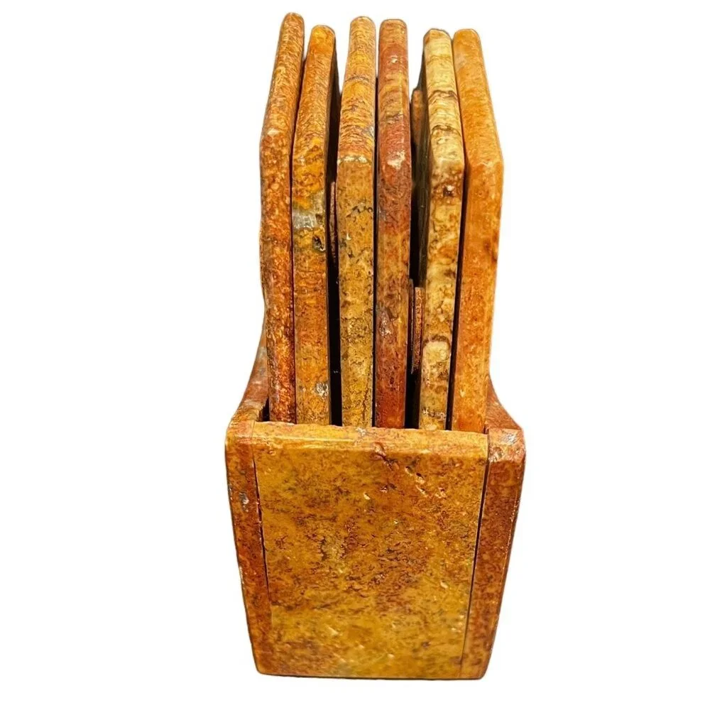 Six Hexagon Marble Coasters Stone Holder Set of 6 Crystals Sedona Travertine Sto